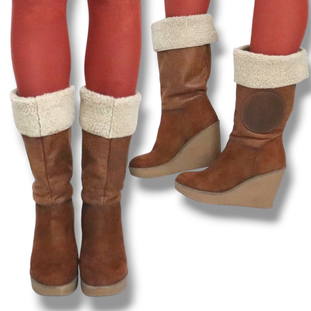 🧐Rare🧐 Zeria Women's Leather Suede Faux-Fur Fold Over Wedge Winter Boot